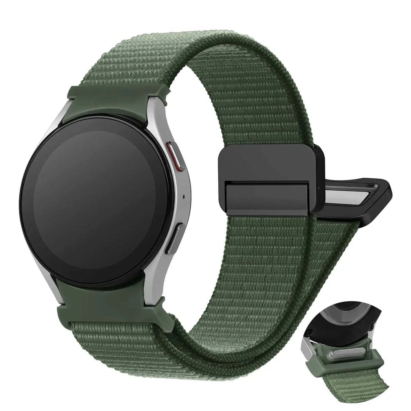 Magnetic nylon sports band for Samsung Galaxy Watch in green, showcasing a no-gap design and secure magnetic buckle.