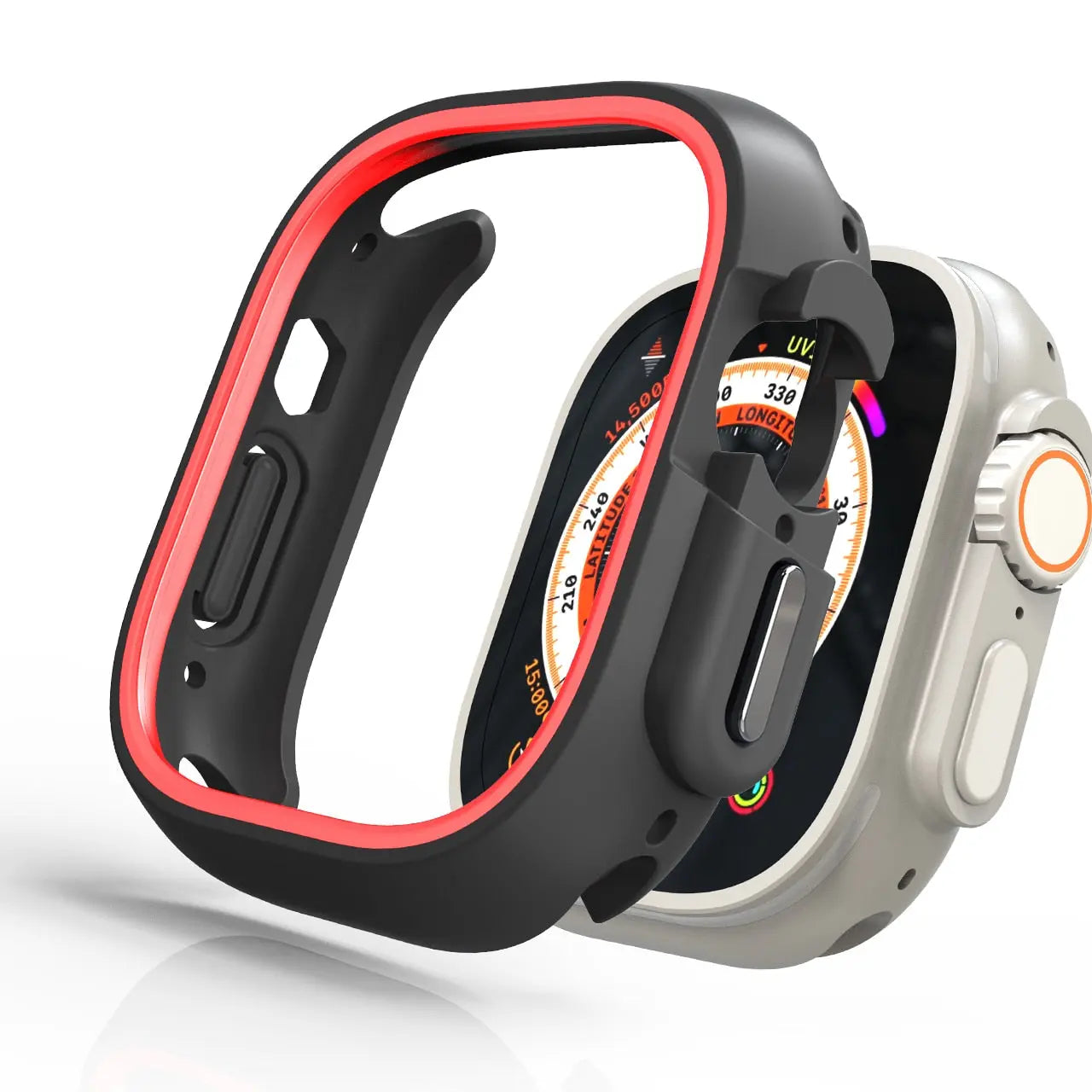 TPU rugged frame for Apple Watch, durable silicon case offering impact protection and a secure fit in black and red.