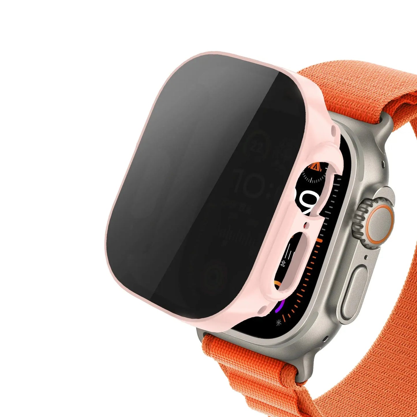 Protection + Privacy Case for Apple Watch in pink, featuring anti-spy tempered glass screen for enhanced privacy.