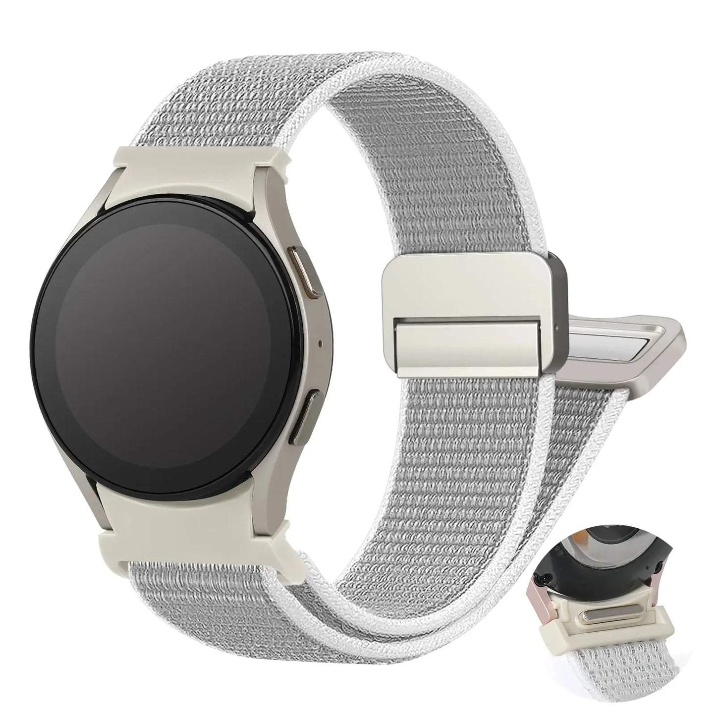 Magnetic nylon sports band for Samsung Galaxy Watch, featuring a secure buckle, breathable design, and no-gap fit.