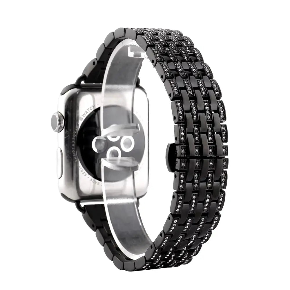 Luxury jewelry bracelet for Apple Watch with 316L stainless steel and CZ stones, adjustable for up to 9-inch wrists.