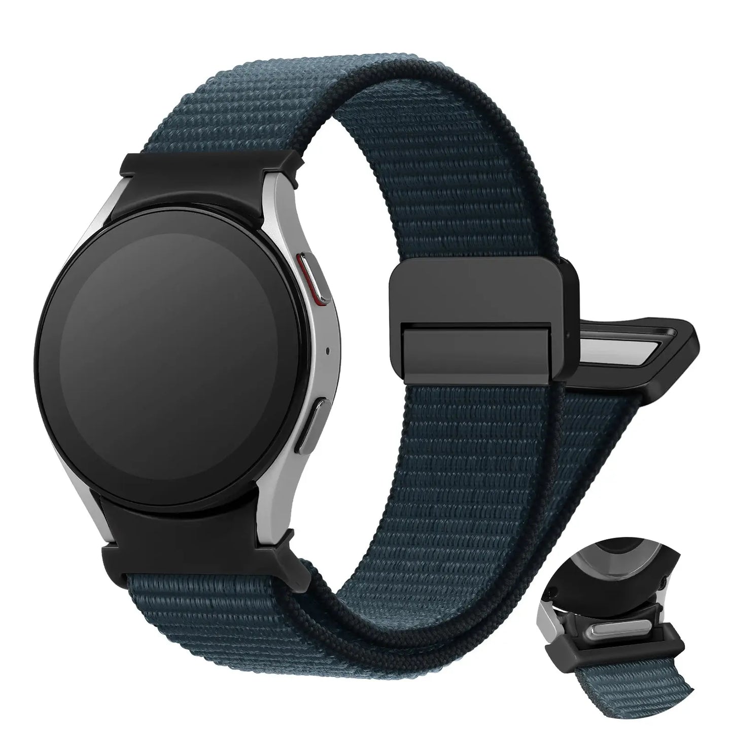 Magnetic nylon sports band for Samsung Galaxy Watch 4, 5, 6, 7 with secure buckle and breathable design.