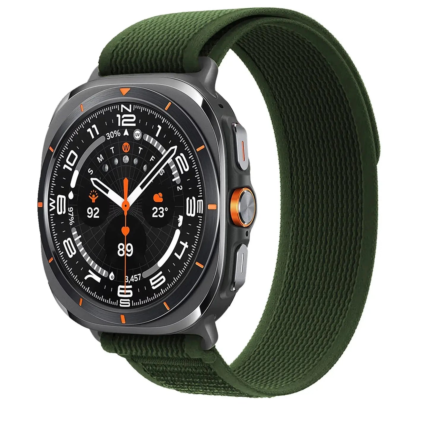 Galaxy Watch Ultra with soft stretchy nylon trail band in green, designed for comfort and style during outdoor activities.