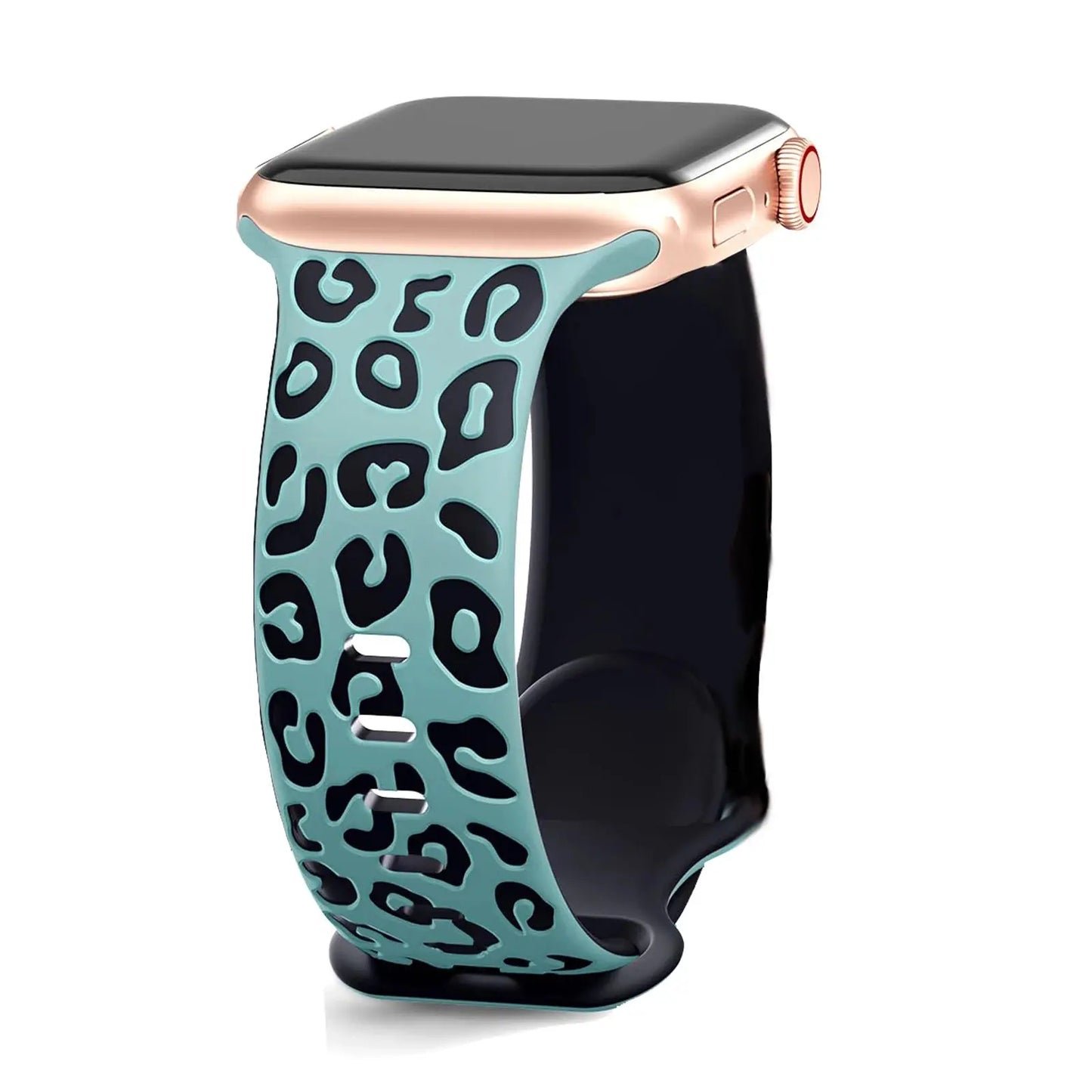 Dual color silicon engraved Apple Watch band with leopard print design, perfect for style and comfort.