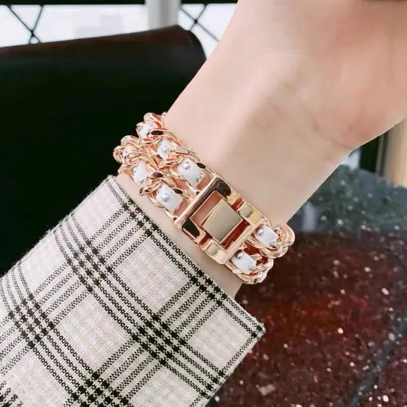 Stainless steel chunky luxury bracelet with rhinestones, perfect for Apple Watch users, showcased on a wrist.