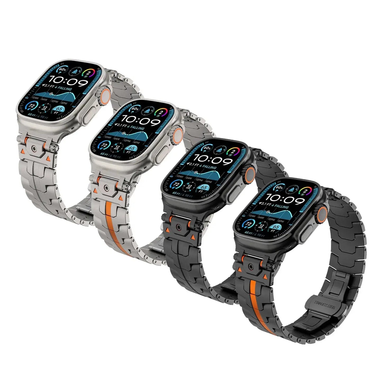Quentin Metal Band for Apple Watch Ultra, showcasing four designs in sleek stainless steel and durable black options.