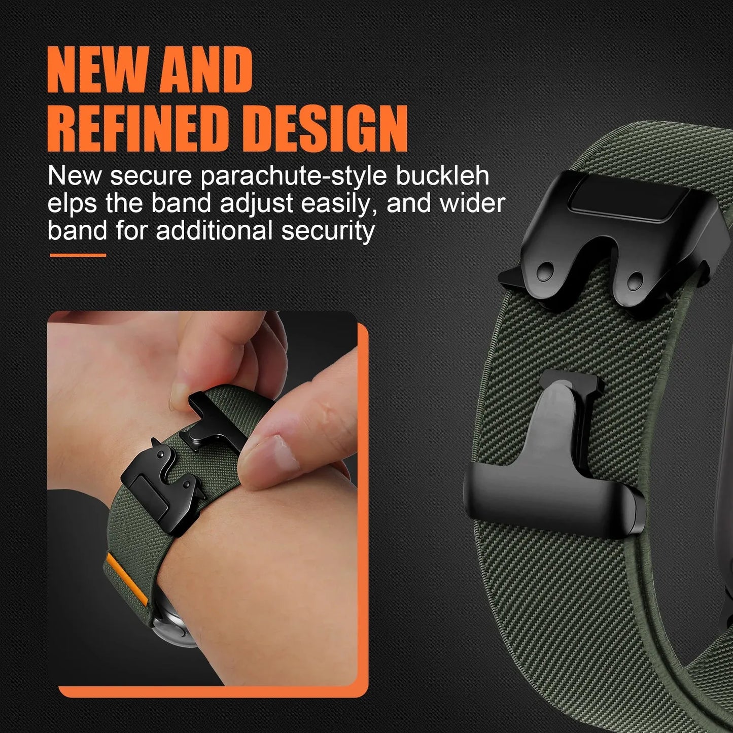 Close-up of Enzo Stretchy Loop with secure parachute-style buckle for Apple Watch, showcasing adjustable fit and durable design.