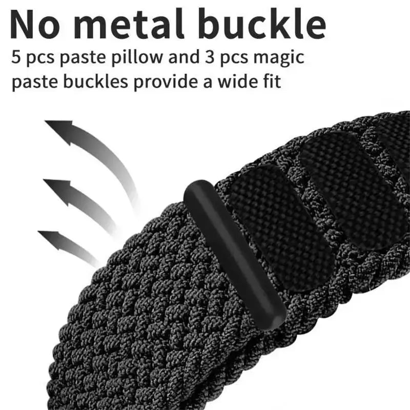 Braided sports band with no metal buckle, featuring adjustable paste pillows and magic paste buckles for a comfortable fit.