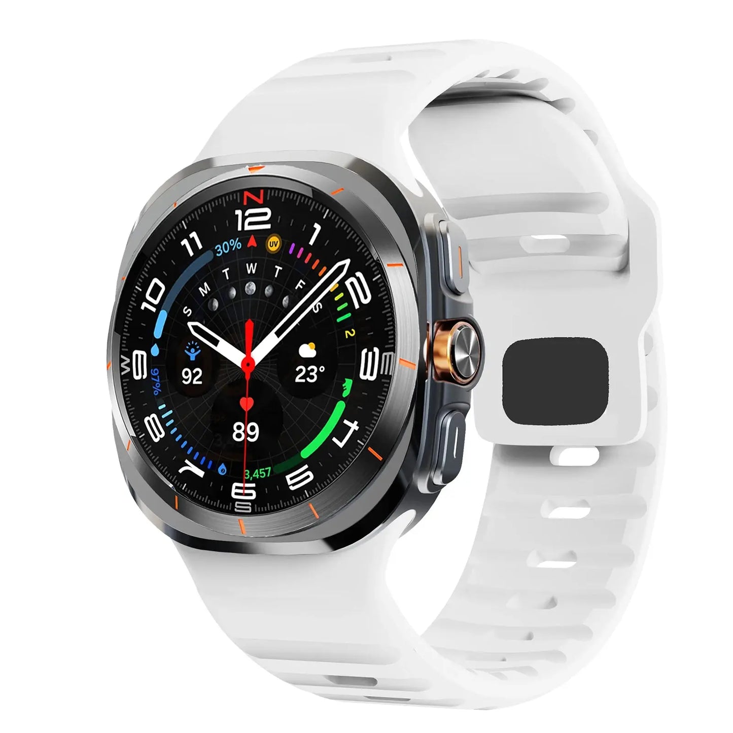 Rugged silicone band for Samsung Galaxy Watch Ultra, showcasing a sporty design and comfortable fit.