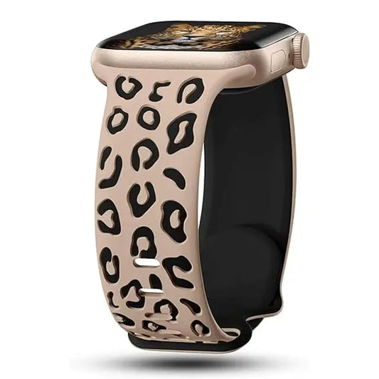 Dual color silicone engraved band with leopard print for Apple Watch, combining style and comfort for bold personalities.