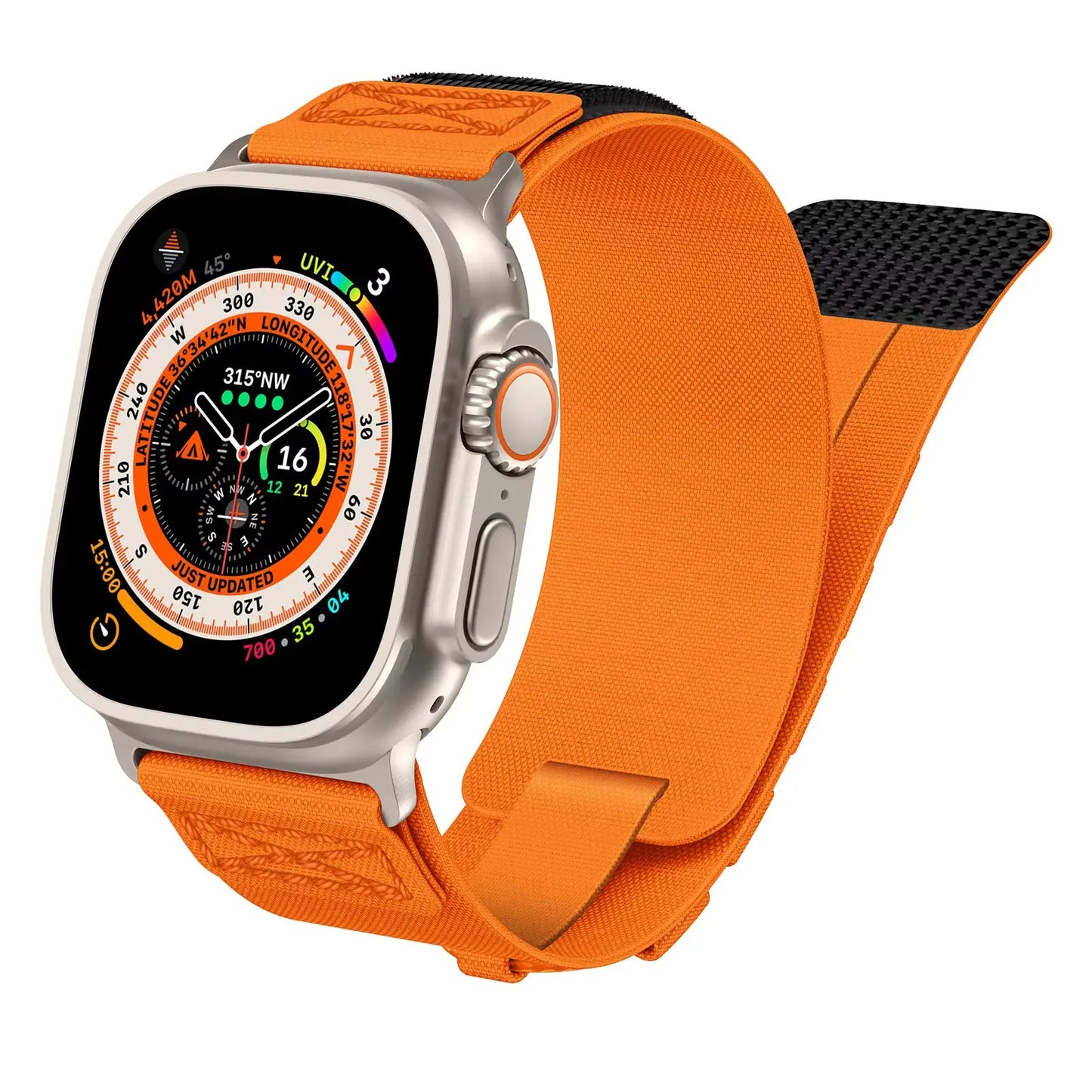 Rugged tactical nylon woven band in orange for Apple Watch, combining durability and stylish design for active lifestyles.