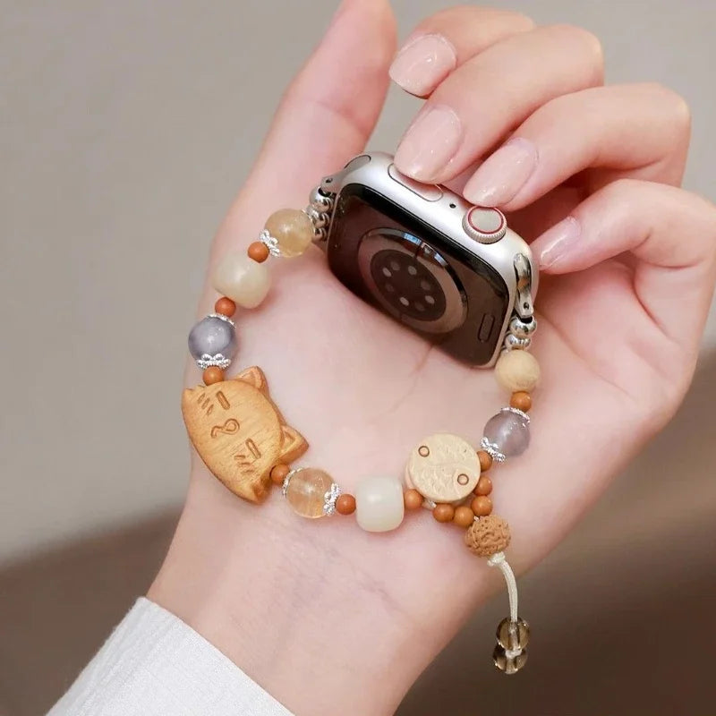 Wooden Cat Beaded Apple Watch Band – Handmade Bracelet Strap