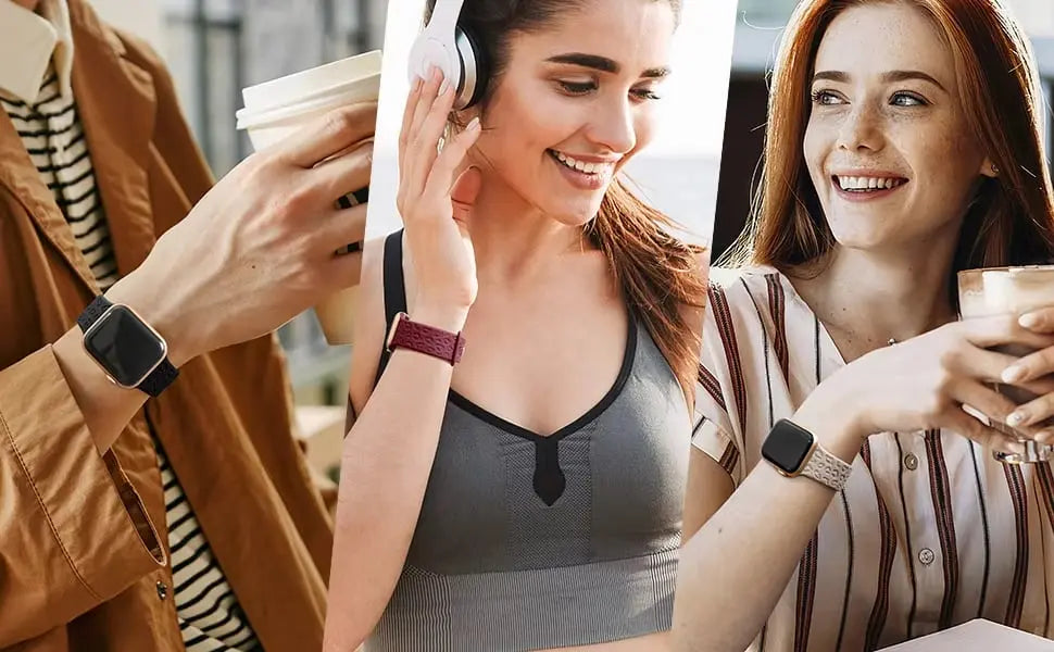 Stylish individuals wearing Apple Watch with engraved leopard's paws silicon bands in various casual settings.