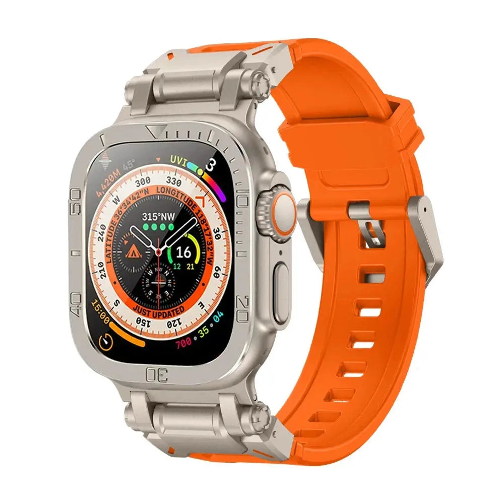 Apple Watch Ultra 49mm with rugged silicon band and metal case, featuring a sporty orange design and glass screen protector.