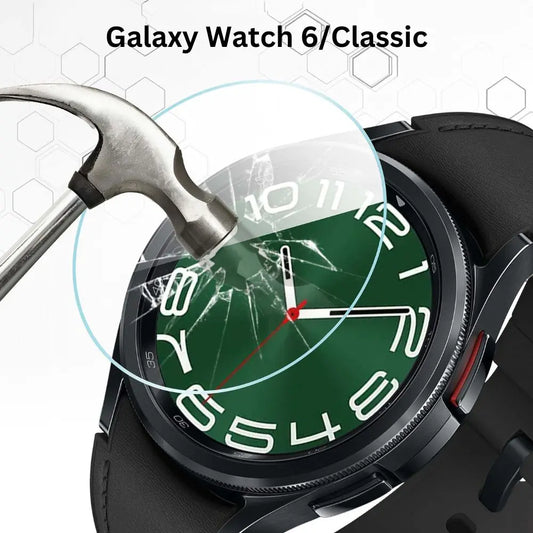 Tempered glass protector for Galaxy Watch 6/Classic, shown resisting hammer impact, ensuring screen safety and clarity.