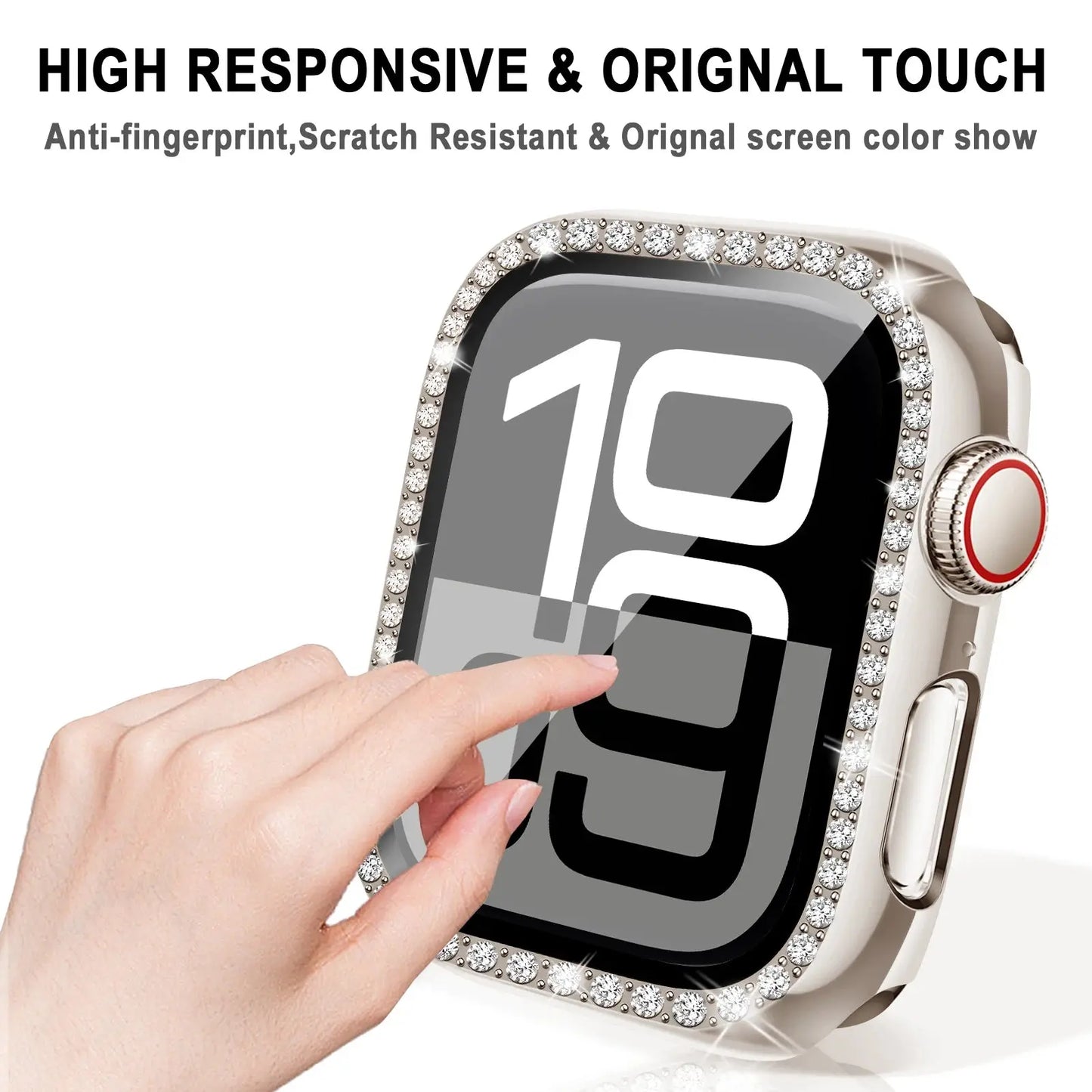 High responsive and scratch resistant glass for Series 10 watch case with rhinestones, preserving original touch and color.