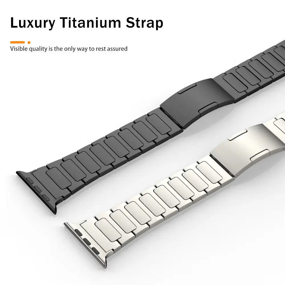 Luxury titanium strap for Apple Watch, featuring sleek design and secure hidden buckle for a comfortable fit.