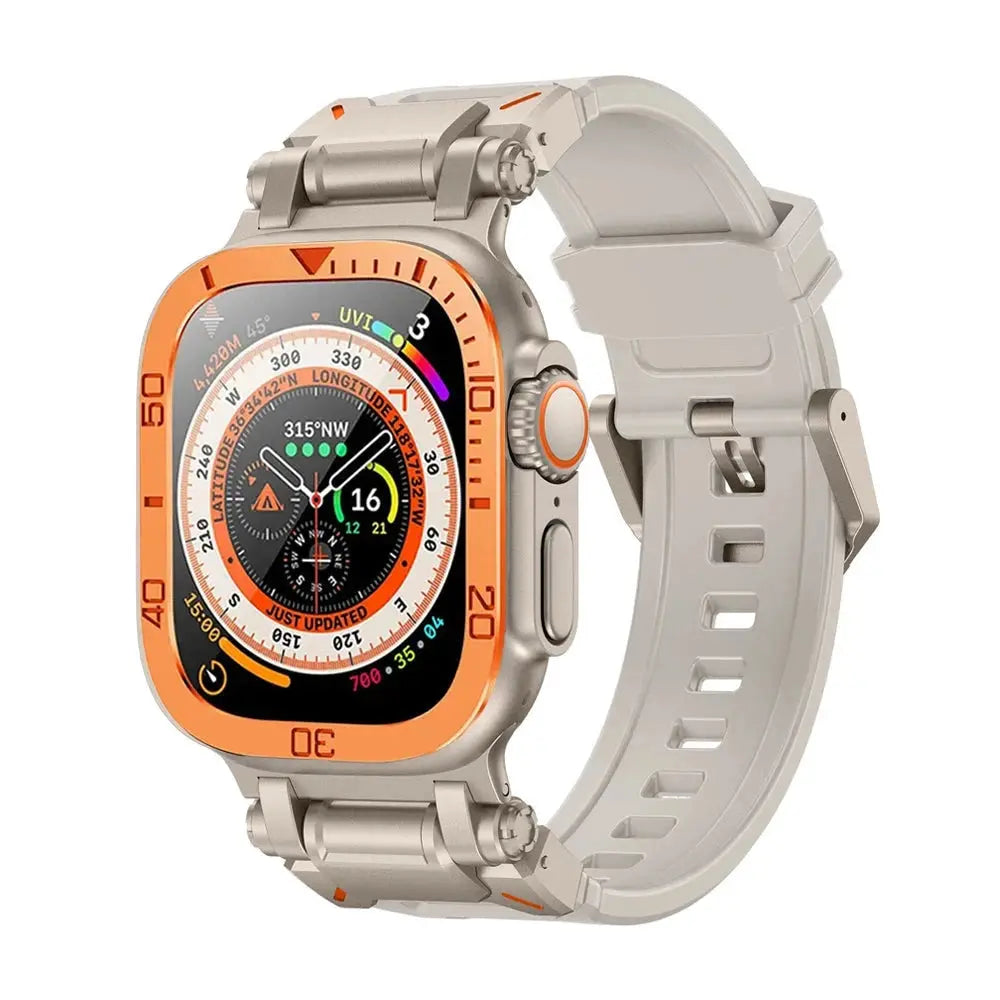 Apple Watch Ultra 49mm with rugged silicon band and metal case for sports protection and style.
