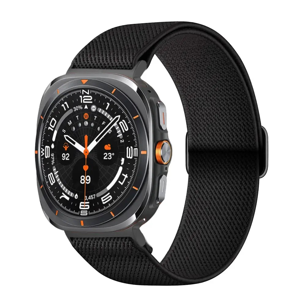 Elastic bands for Samsung Galaxy Watch Ultra, black stretchy nylon fit, perfect for daily activities and sports.