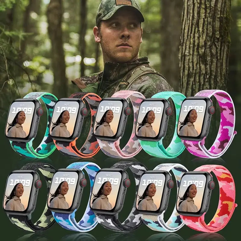Colorful camouflage sports nylon bands for Apple Watch, perfect for workouts and casual adventures.