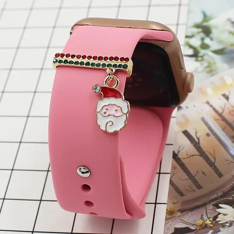 Christmas decoration charm with Santa for Apple/Samsung Watch bands in pink silicone.