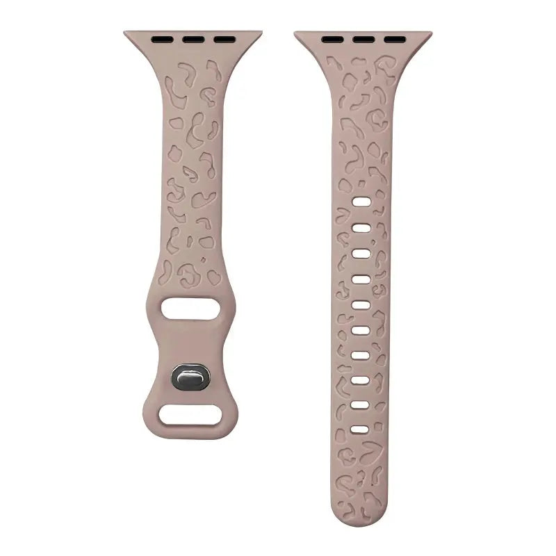 Engraved slim silicone band for Apple Watch in soft pink with leopard pattern, perfect for style and individuality.