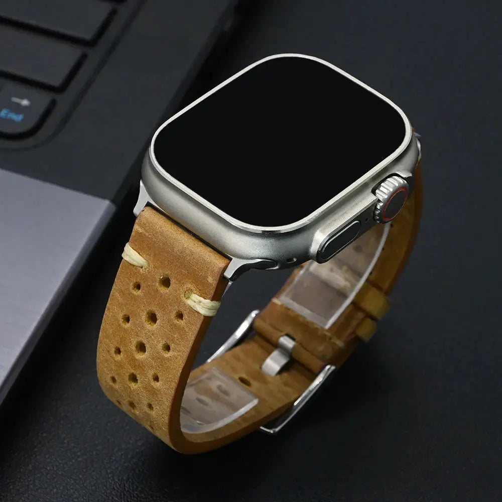Enzo classic leather band on smartwatch, showcasing premium full-grain leather and stylish perforations for airflow.