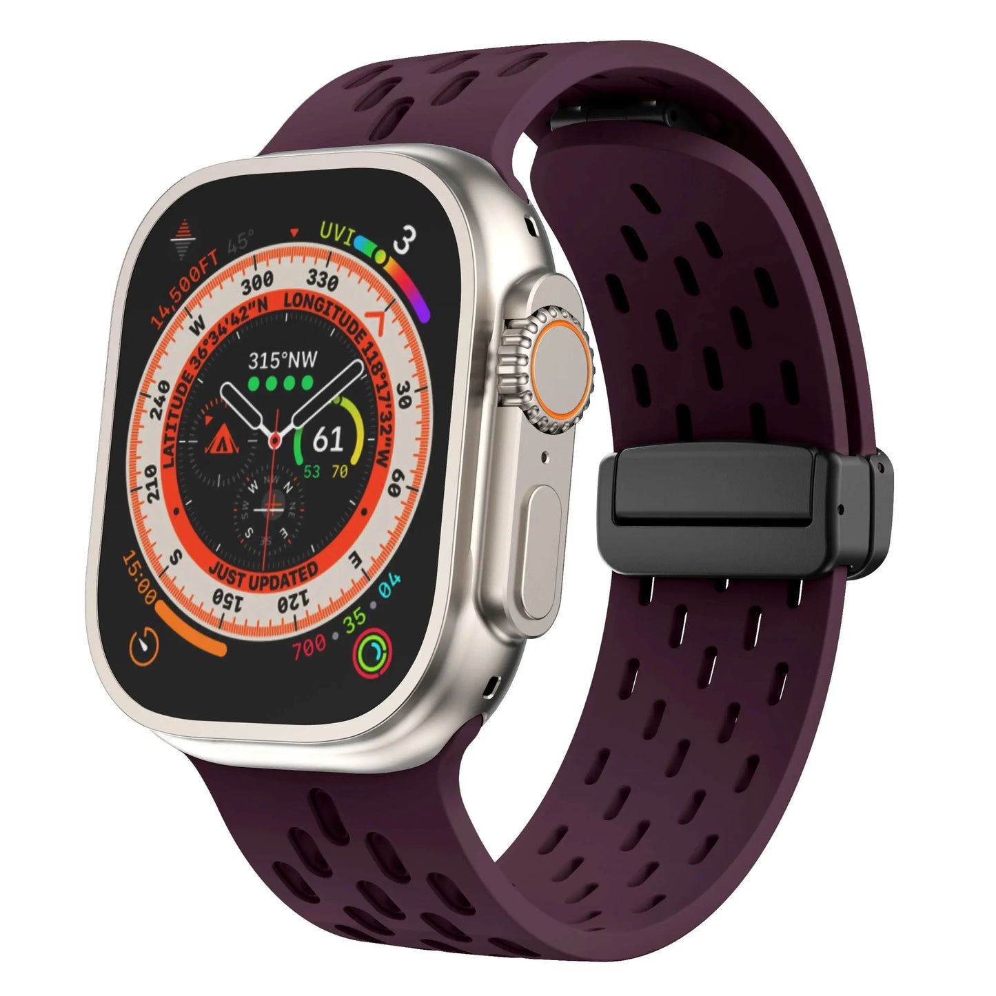 Breathable silicone magnetic clasp band for Apple Watch, perfect for active lifestyles and gym sessions with airflow holes.
