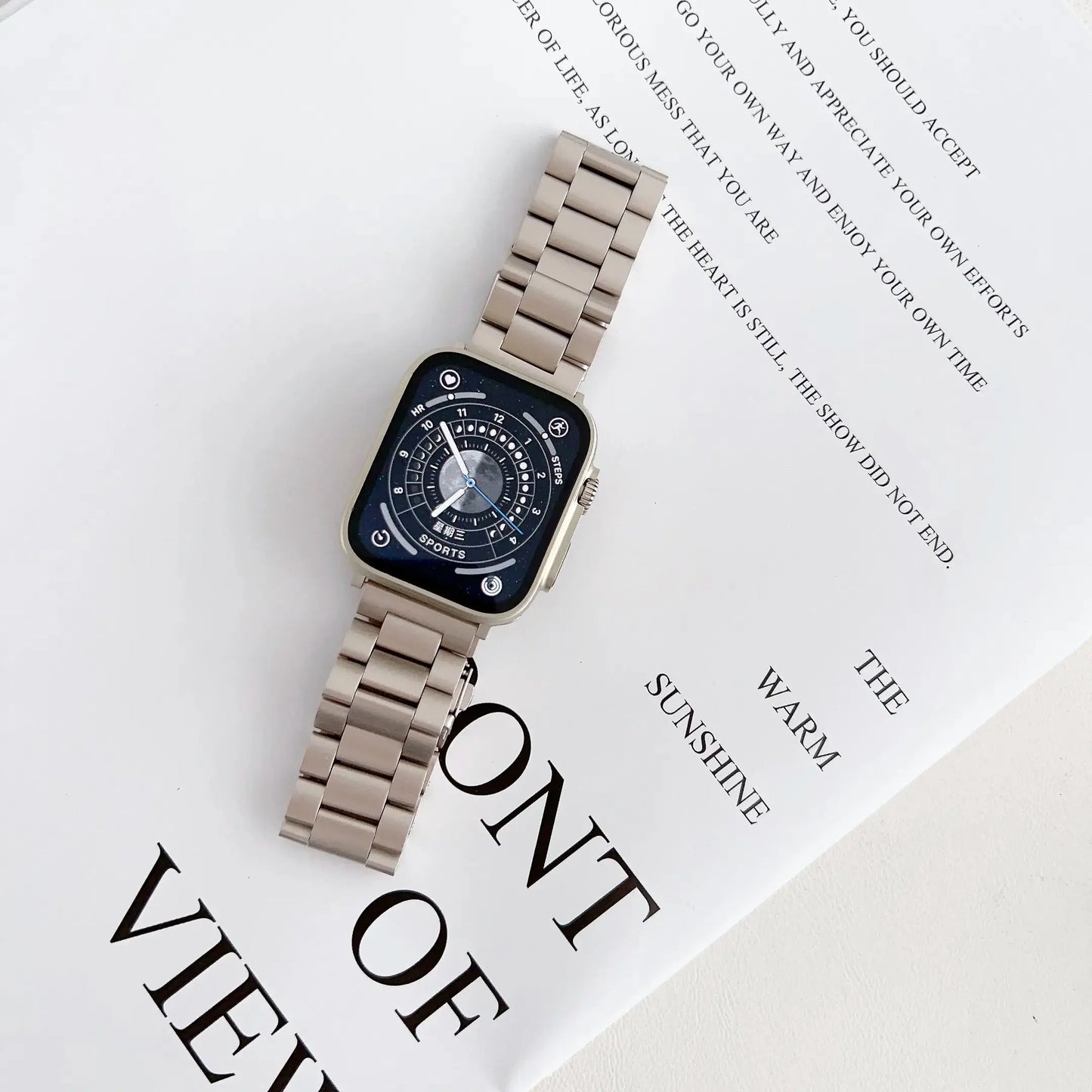 Luxury Starlight Bracelet on Apple Watch, showcasing durable stainless steel and elegant design.
