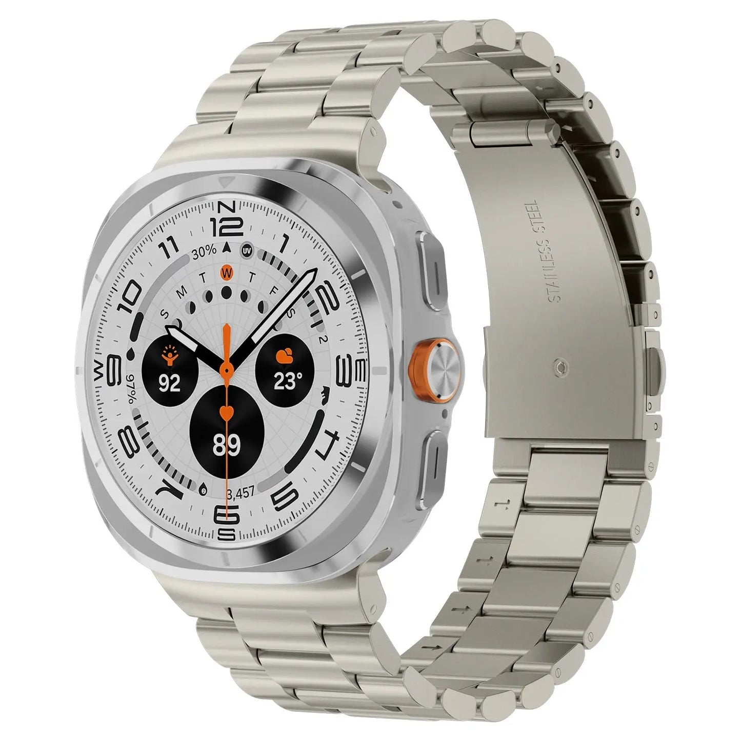 Classic metal bracelet for Samsung Galaxy Watch Ultra showcasing premium stainless steel design and adjustable fit.