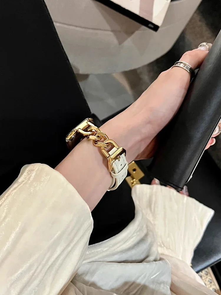 Luxury Leather & Steel Chain Band for Apple Watch 38–49mm