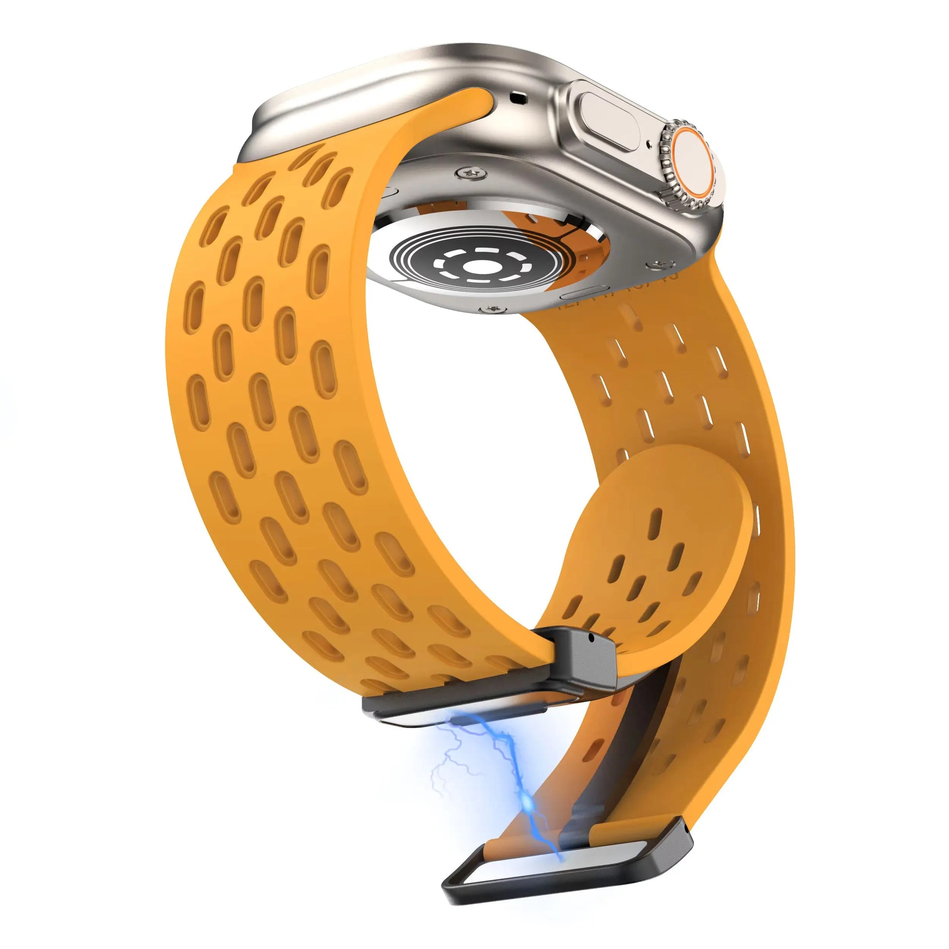 Breathable silicone magnetic clasp band for Apple Watch, designed for active lifestyles with optimal airflow and secure fit.