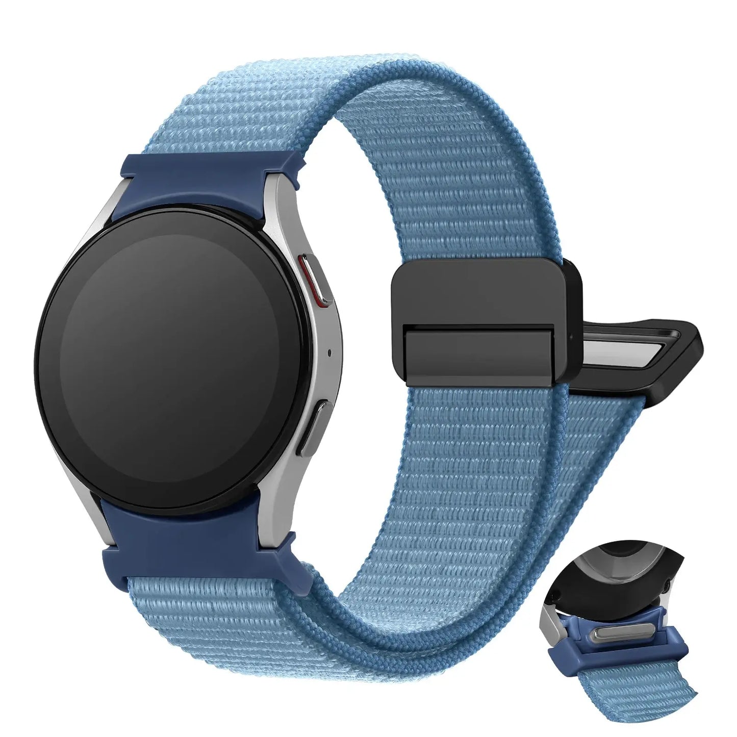 Magnetic nylon sports band for Samsung Galaxy Watch, featuring a secure magnetic buckle and breathable design.