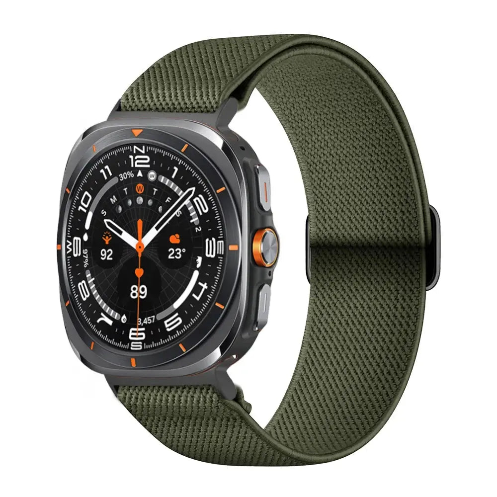 Elastic bands for Samsung Galaxy Watch Ultra, green nylon strap, breathable, waterproof for daily activities.