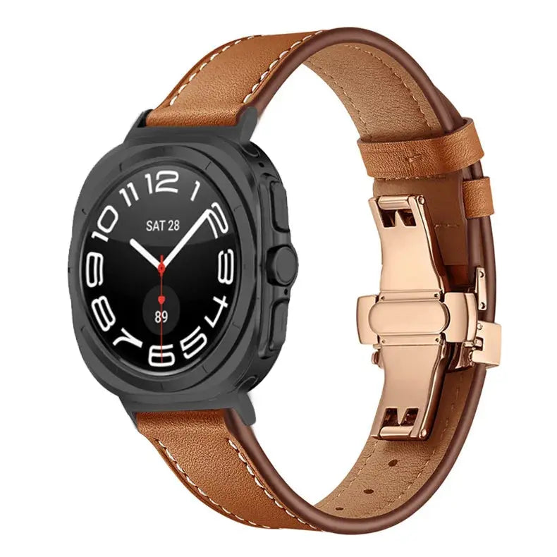 Classic Leather Ultra Band for Galaxy Watch Ultra, featuring a brown strap and butterfly clasp for elegance and comfort.