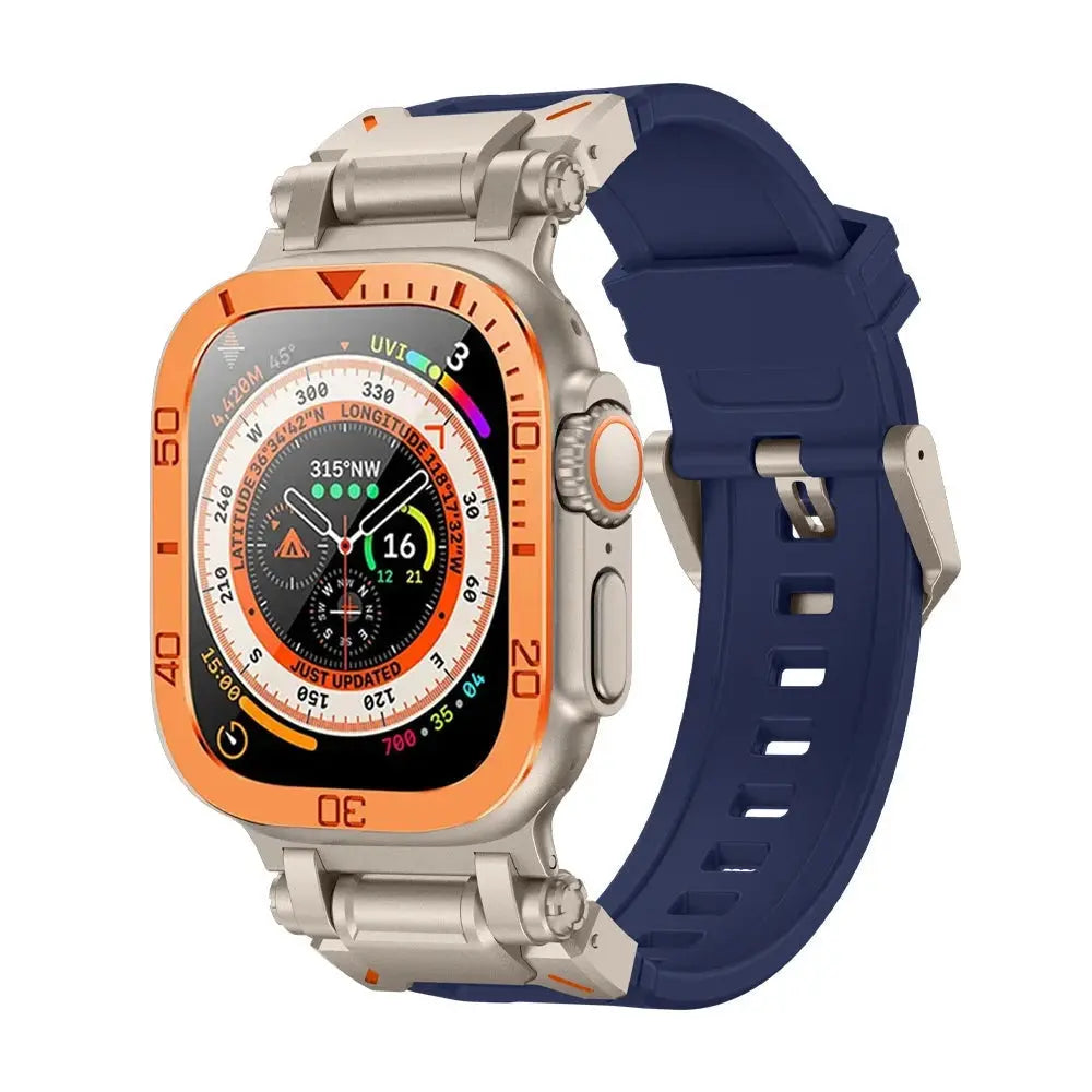 Rugged Apple Watch Ultra with Armor Silicon Band, Metal Case, and durable screen protector.