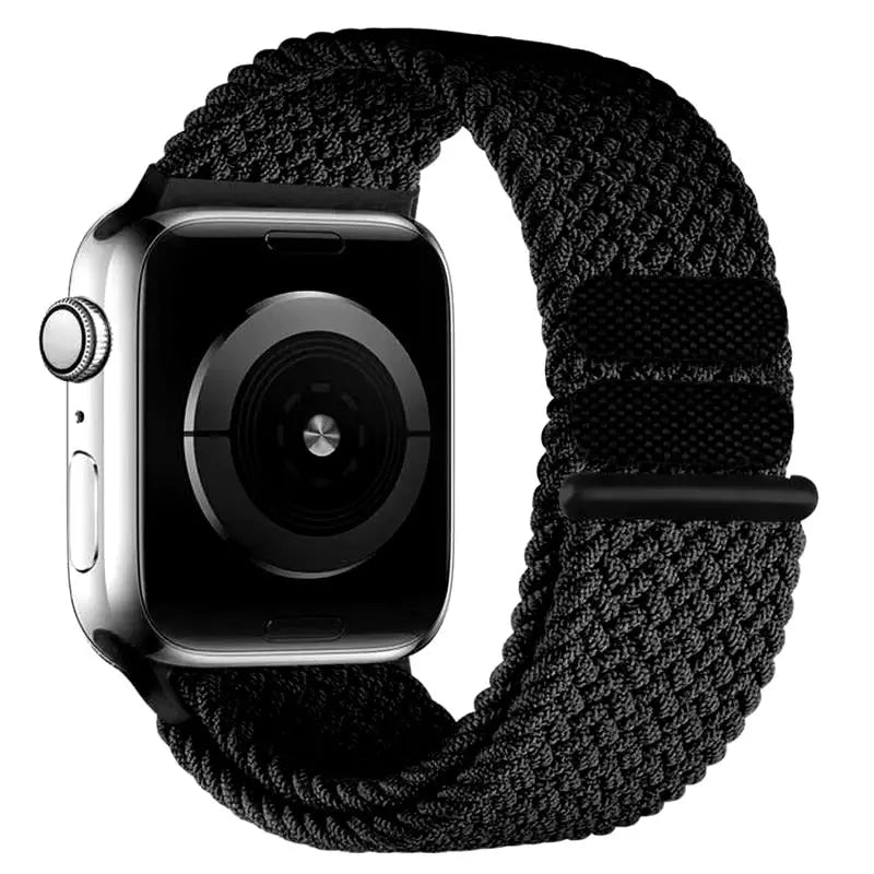 Black braided sports band with adjustable velcro for a comfortable and stretchy fit on a smartwatch.