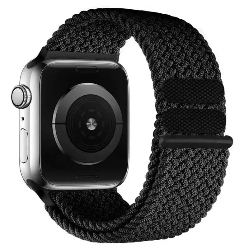 Braided sports band in black, stretchy and adjustable design for Apple Watch, ideal for exercise and comfort.