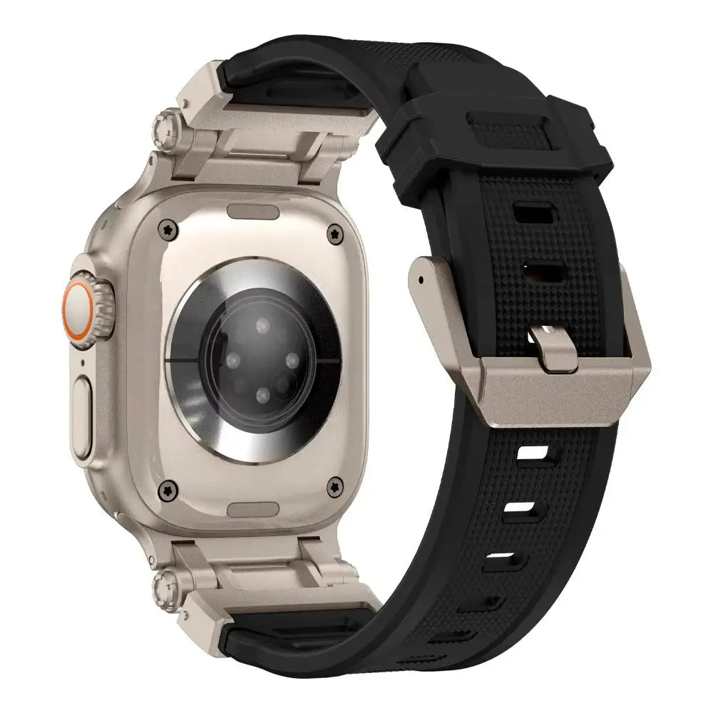 Rugged silicon band for Apple Watch Ultra 49mm with durable metal case and glass protector.