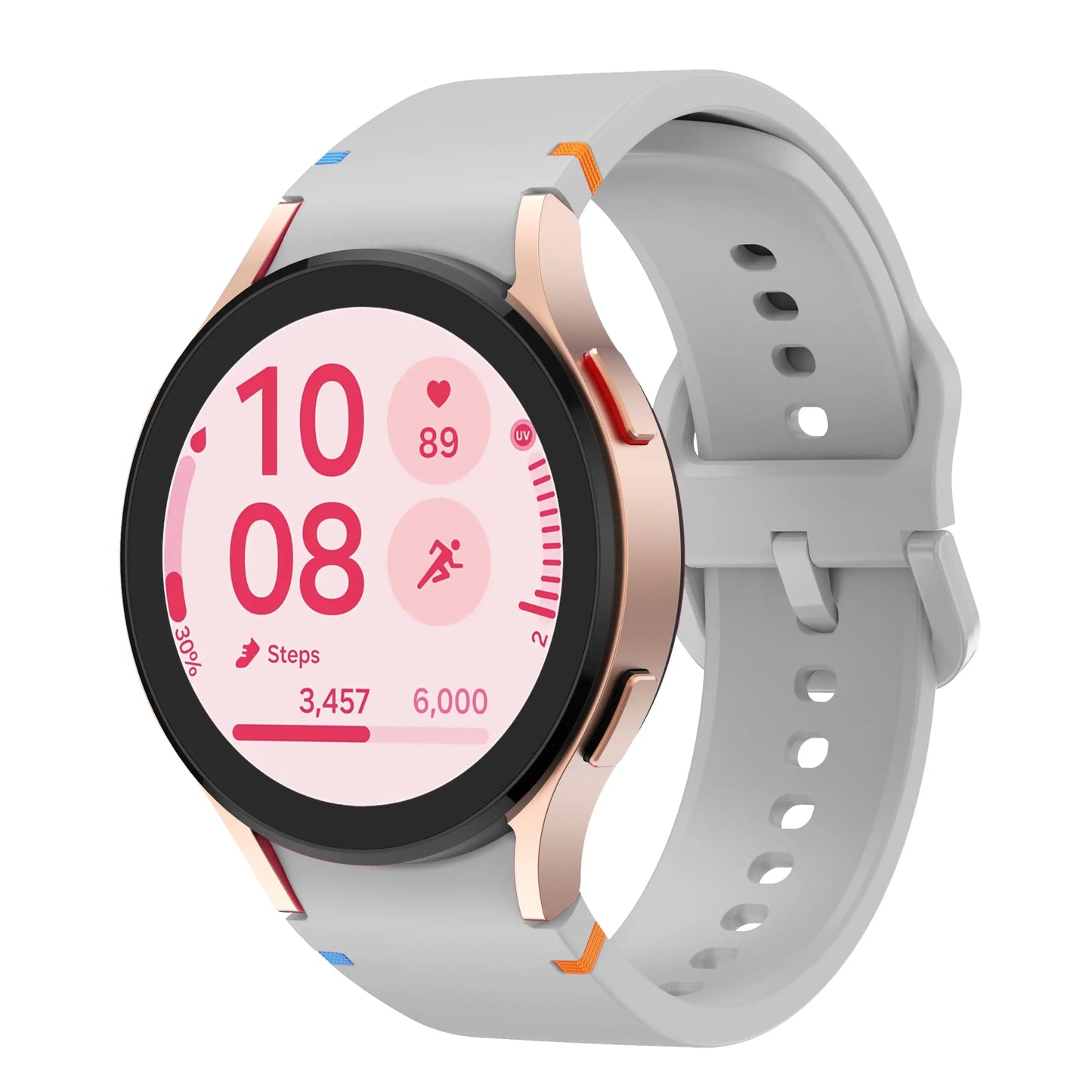 Sporty silicon band for Samsung Galaxy Watch in gray, showcasing fitness stats and stylish design.