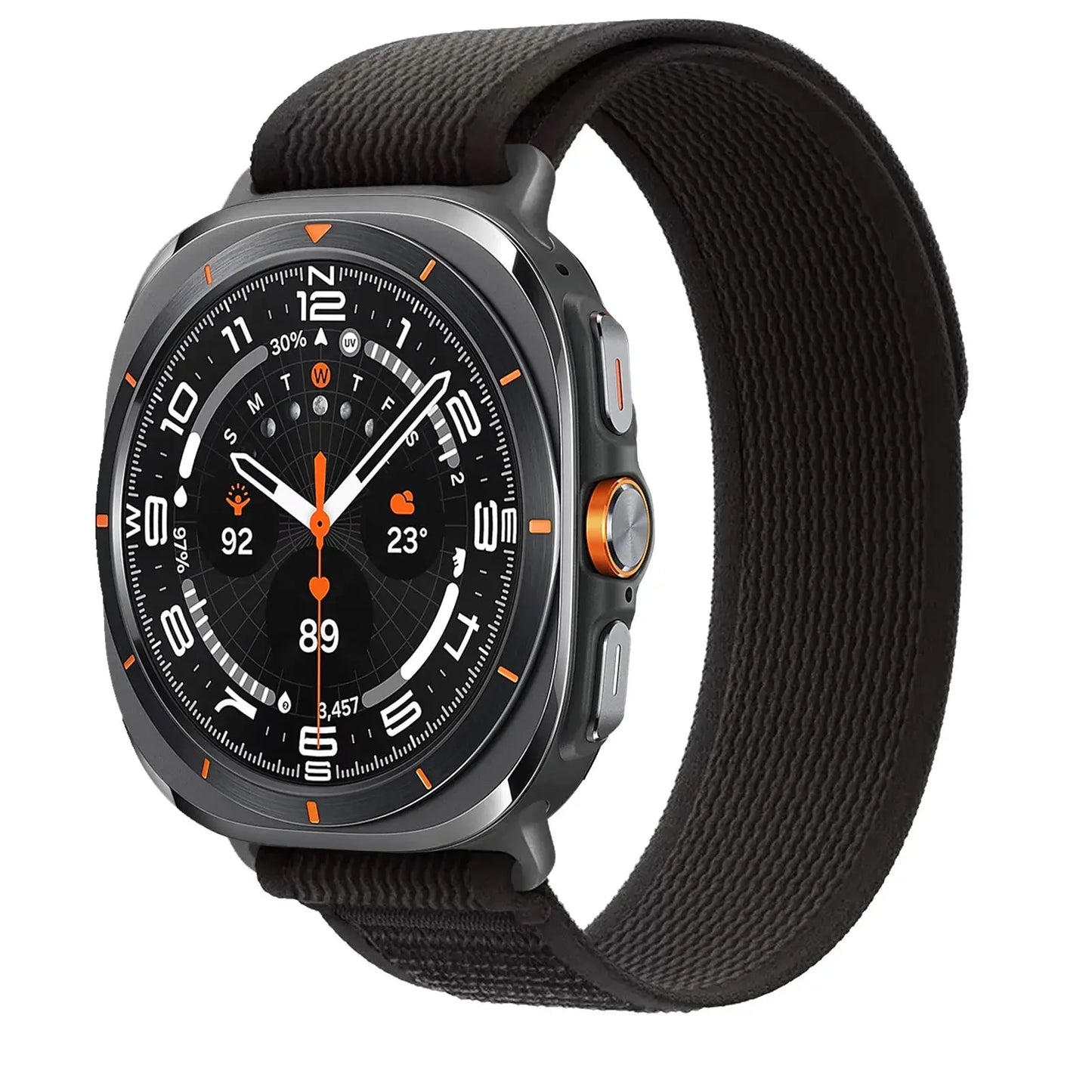 Soft stretchy nylon trail band for Galaxy Watch Ultra showcasing sleek design and comfort on a black watch.