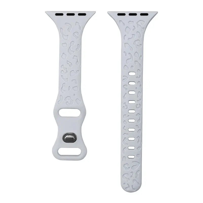 Engraved slim silicon band for Apple Watch featuring a stylish leopard pattern in white, combining elegance and functionality.