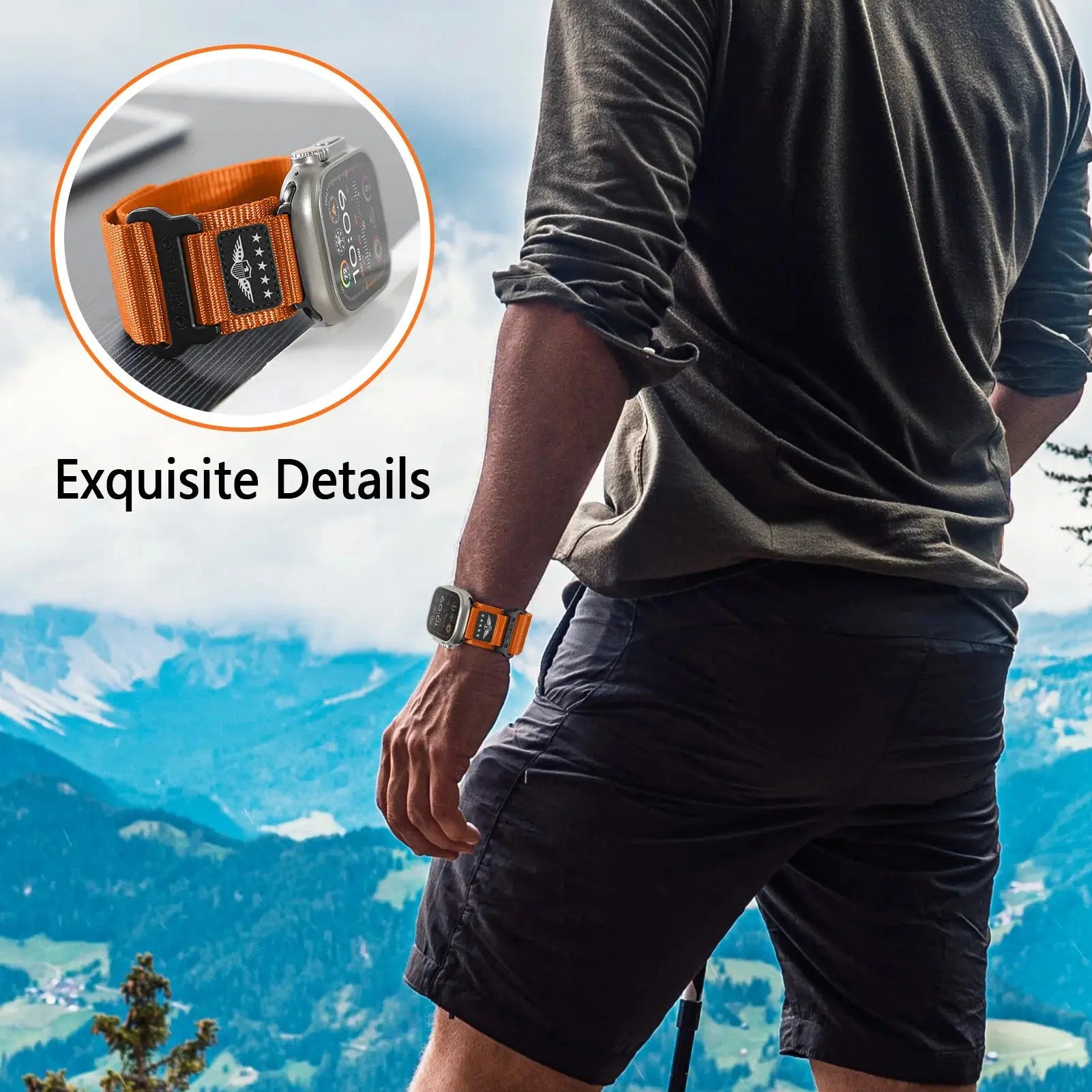 Sports woven nylon band with USA flag on Apple Watch worn outdoors, showcasing style and comfort.