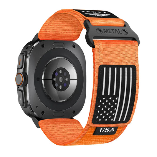 Rugged nylon military loop band for Samsung Galaxy Watch Ultra in orange with USA flag design.