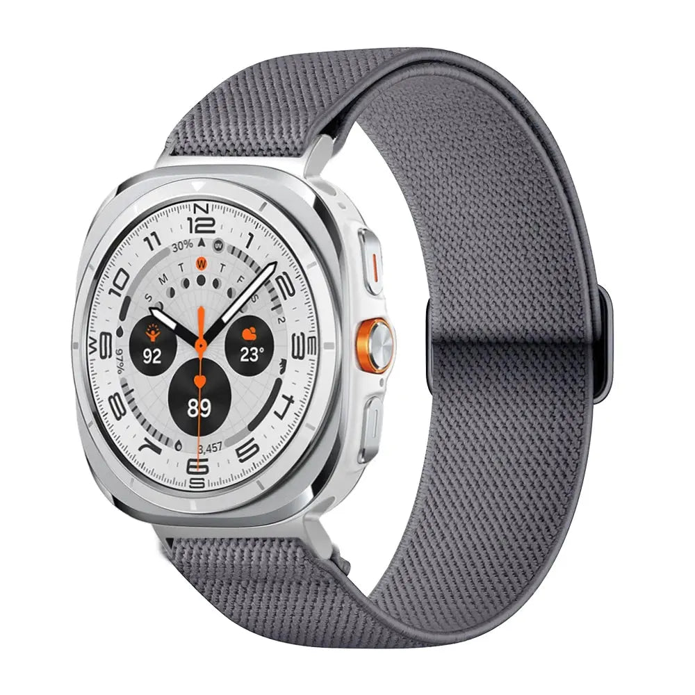 Elastic band for Samsung Galaxy Watch Ultra showcasing a gray nylon strap with a sleek watch face, perfect for daily activities.