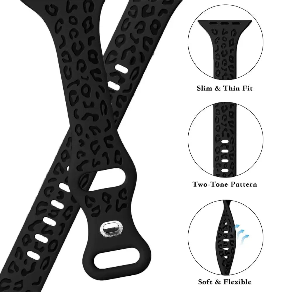 Engraved Slim Silicon Bands for Apple Watch in black leopard pattern, slim fit, soft and flexible design.
