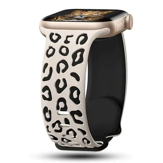 Dual Color Silicon Engraved Band with leopard print for Apple Watch, blending style and comfort.