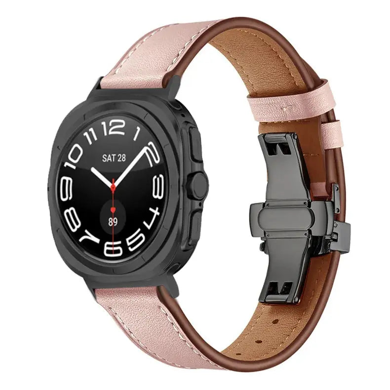 Classic Leather Ultra Band for Galaxy Watch Ultra in pink and brown, featuring a polished butterfly clasp for elegance.