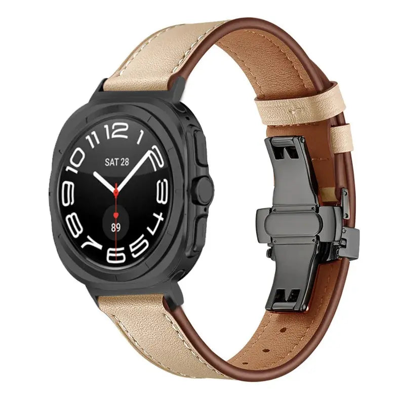 Classic Leather Ultra Band for Galaxy Watch Ultra showcasing a stylish design with butterfly clasp and comfortable fit.