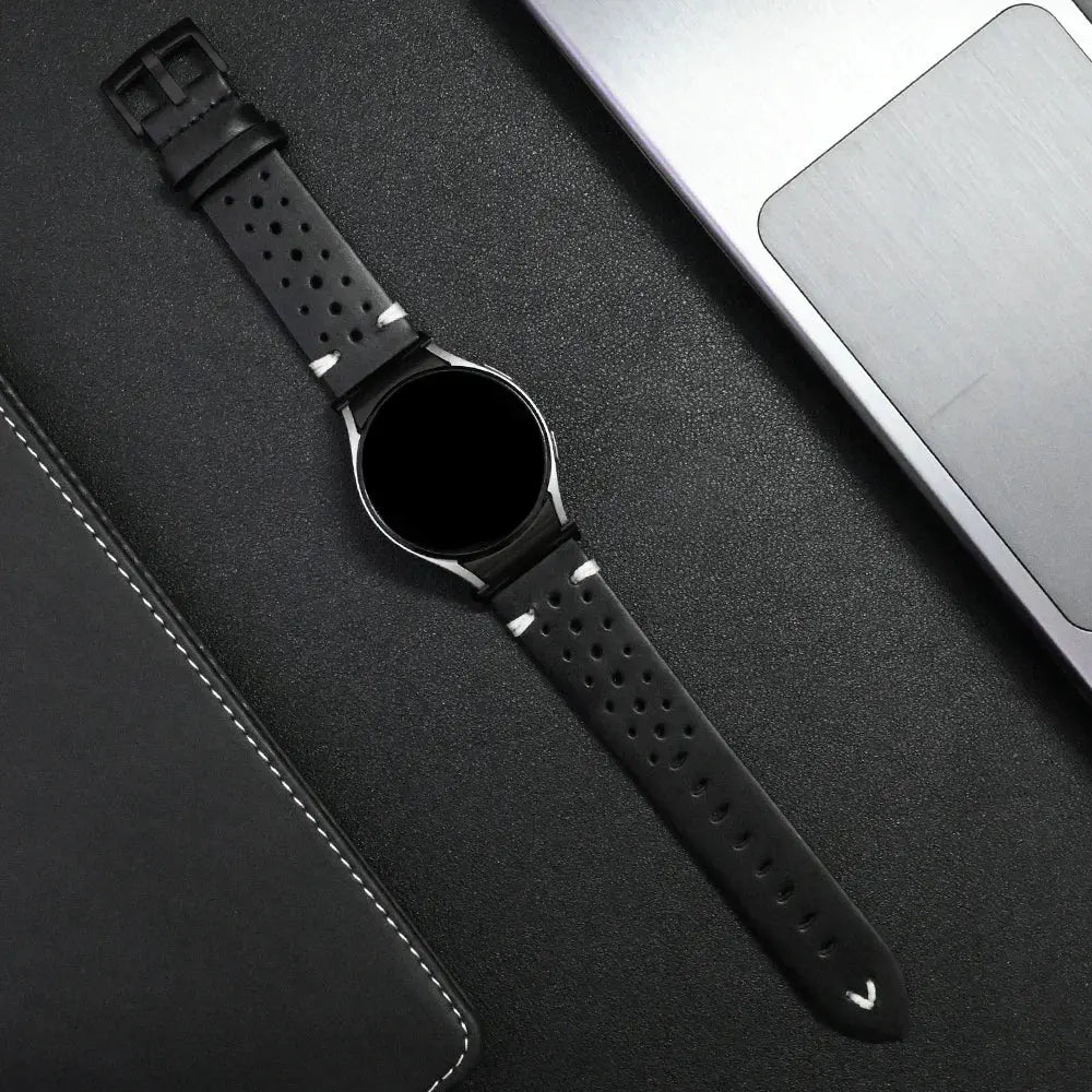 Classy Quick Fit Leather Band for smartwatches, featuring unique hole pattern for style and airflow, designed for comfort.